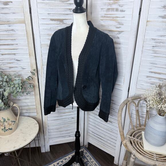 COLDWATER CREEK VINTAGE Women's XL Suede Leather Crochet Knit Trim Jacket Black - Picture 6 of 16